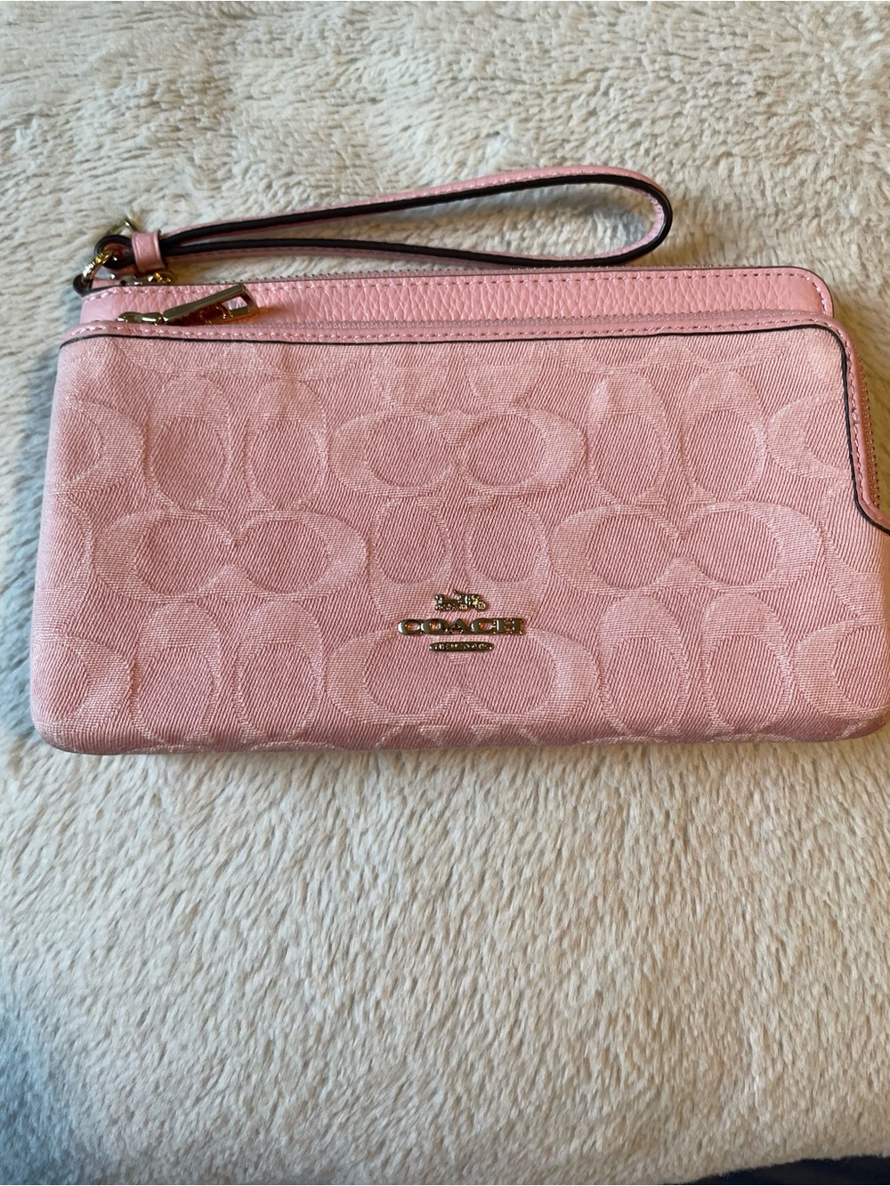 Coach Denim Light Pink Signature Wristlet with Gold Logo